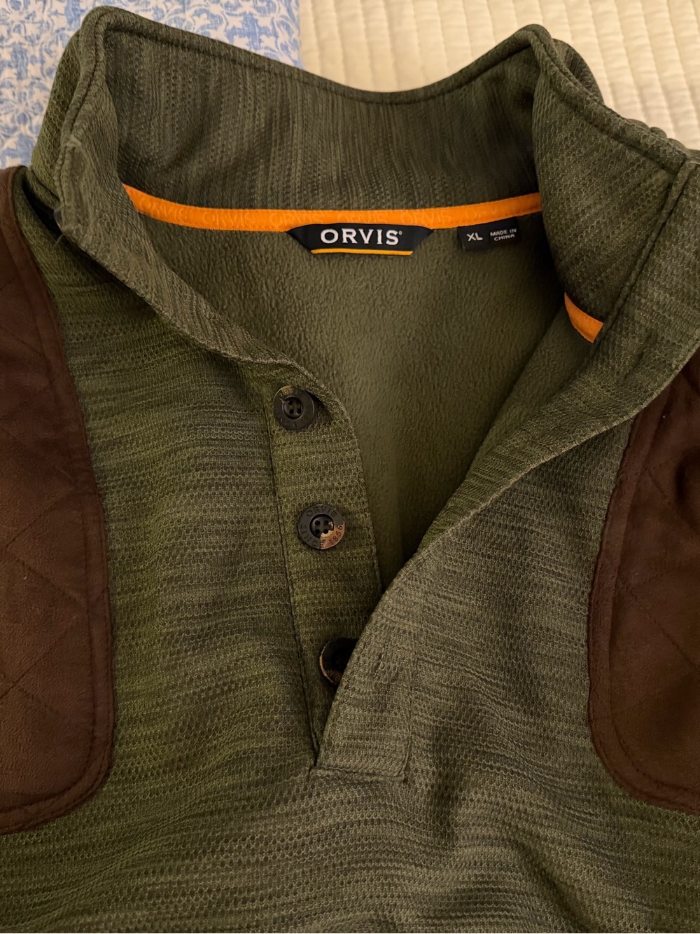 Orvis Olive Green Button-Neck Shirt Jacket with Brown Shoulder Patches
